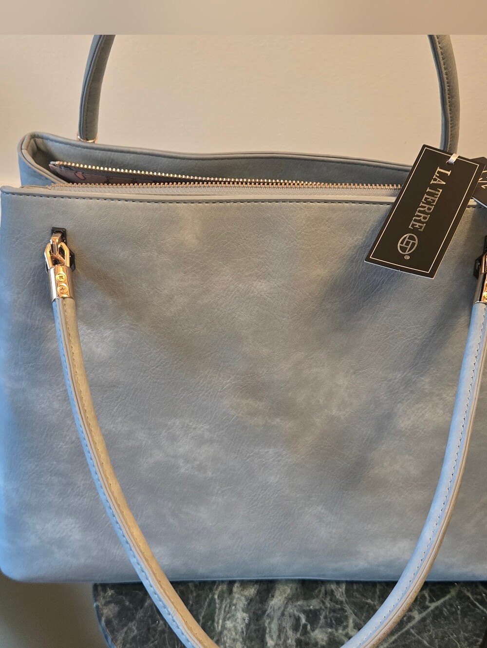 Everyday Structured Tote Bag in Light Blue with Gold Accents